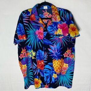 Vintage Blue Pink Tropical Floral Print Short Sleeve Button Up Hawaiian Shirt S